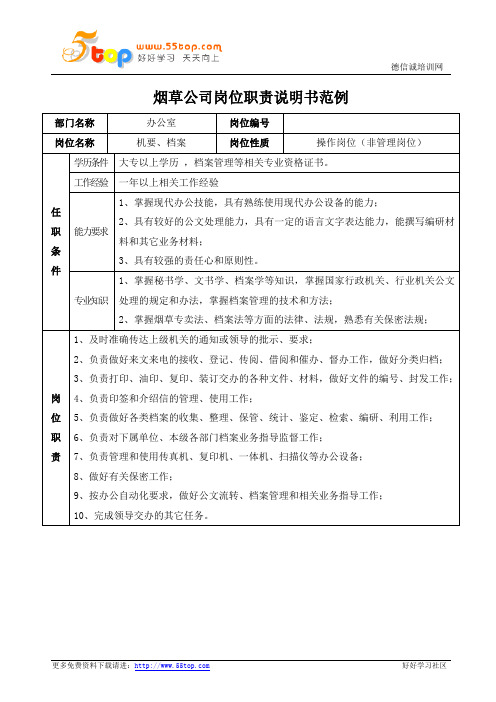 烟草公司机要员档案员岗位职责说明书