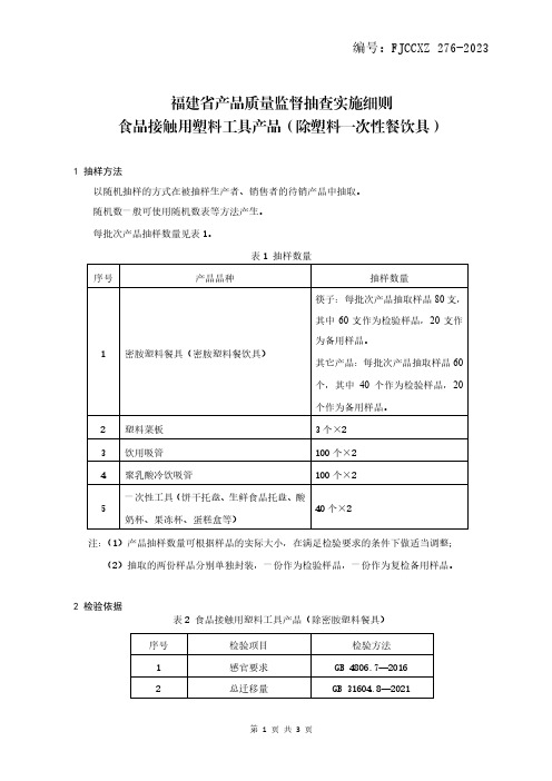 产品质量监督抽查实施细则——食品接触用塑料工具(除塑料一次性餐饮具)