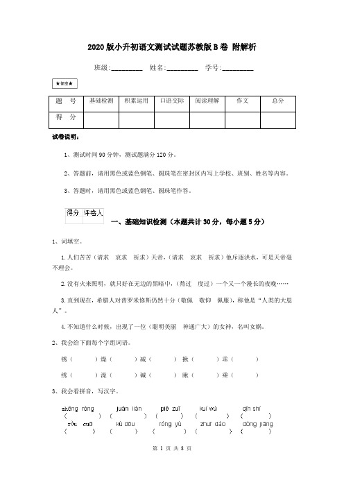 2020版小升初语文测试试题苏教版B卷 附解析