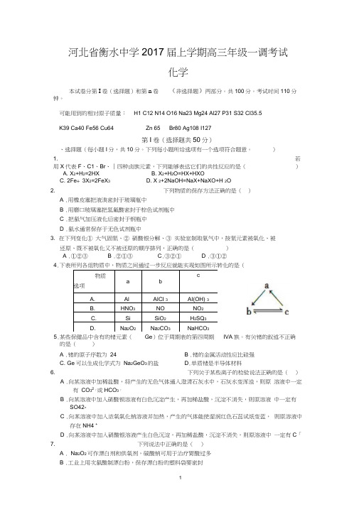 河北省衡水中学2017届上学期高三年级一调考试(化学)