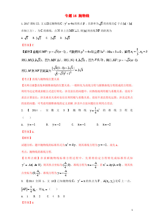 三年高考()高考数学试题分项版解析 专题16 抛物线 文