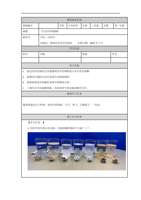 二年级【科学(湘科版)】生活中的溶解-3学习任务单