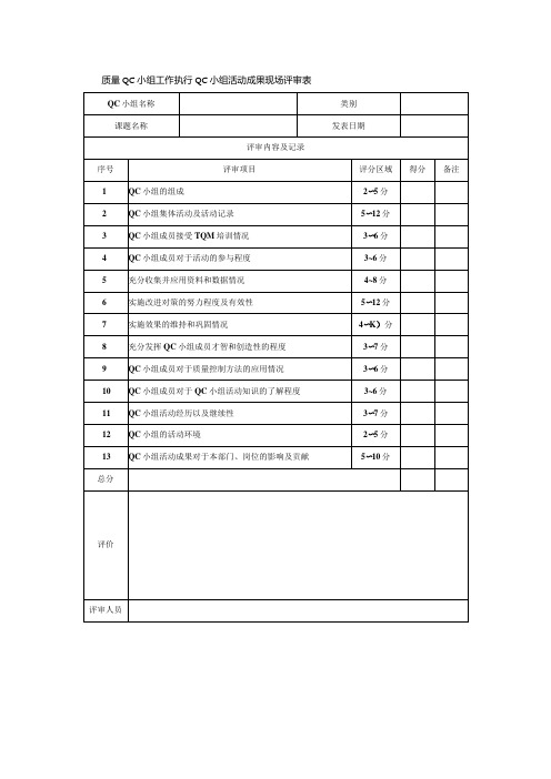 质量QC小组工作执行QC小组活动成果现场评审表