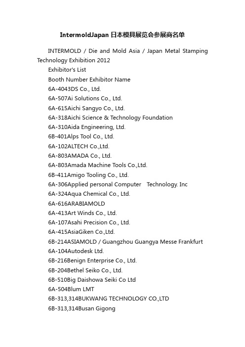 IntermoldJapan日本模具展览会参展商名单