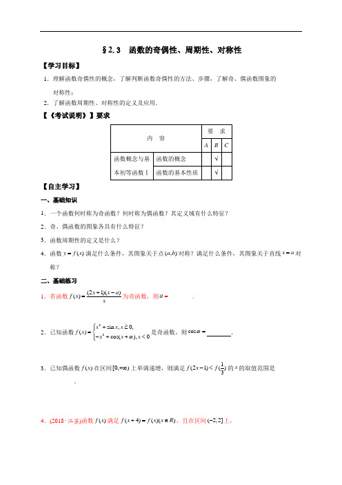 23函数的奇偶性、周期性、对称性(无答案)-江苏省启东中学高考数学复习学案