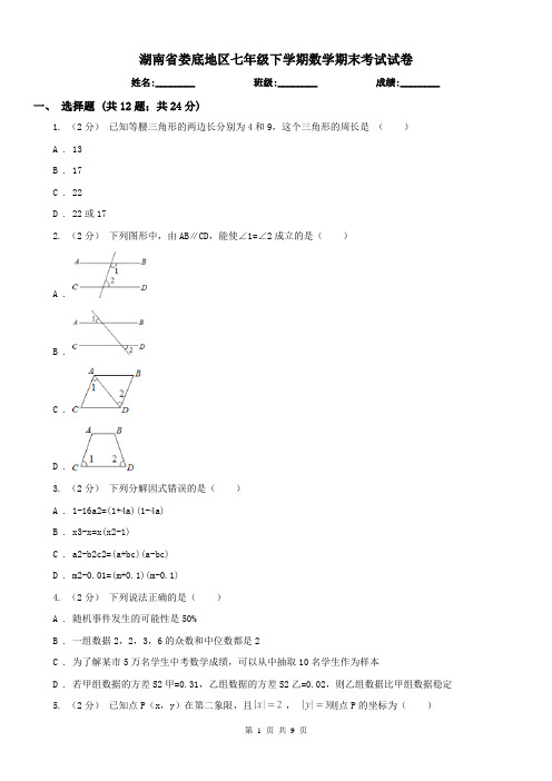 湖南省娄底地区七年级下学期数学期末考试试卷 