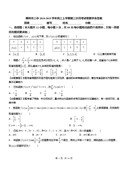 柳州市三中2018-2019学年高三上学期第三次月考试卷数学含答案