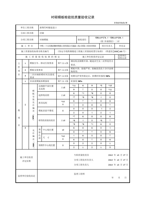 01衬砌模板检验批质量验收记录