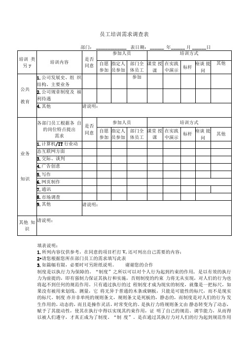 工作很实用的表格员工培训需求调查表