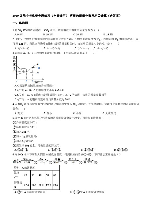 2019年中考化学专题练习-溶质的质量分数及相关计算含答案