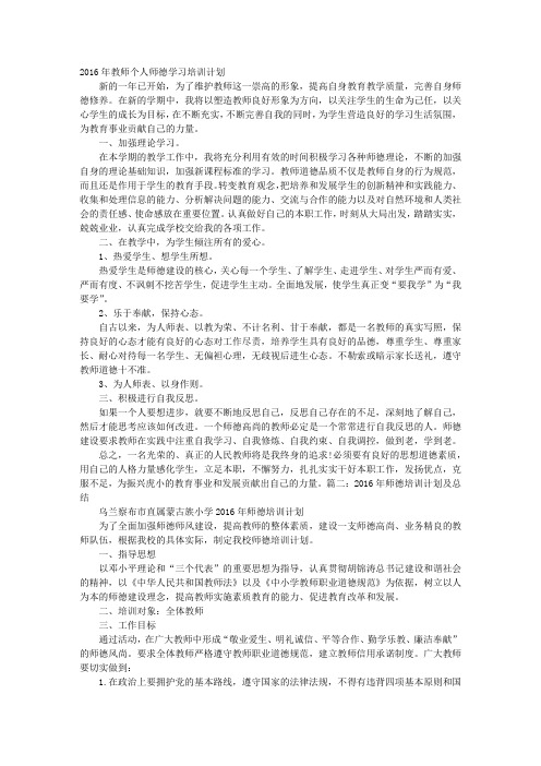 2016年教师个人师德学习培训计划