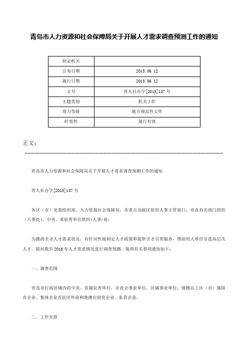 青岛市人力资源和社会保障局关于开展人才需求调查预测工作的通知-青人社办字[2015]137号