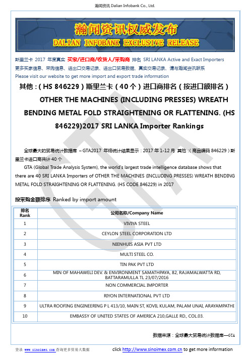 其他：(HS 846229)2017 斯里兰卡(40个)进口商排名(按进口额排名)