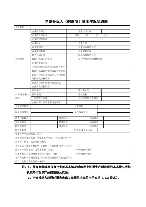 申请投标人(制造商)基本情况明细表41(2023年)