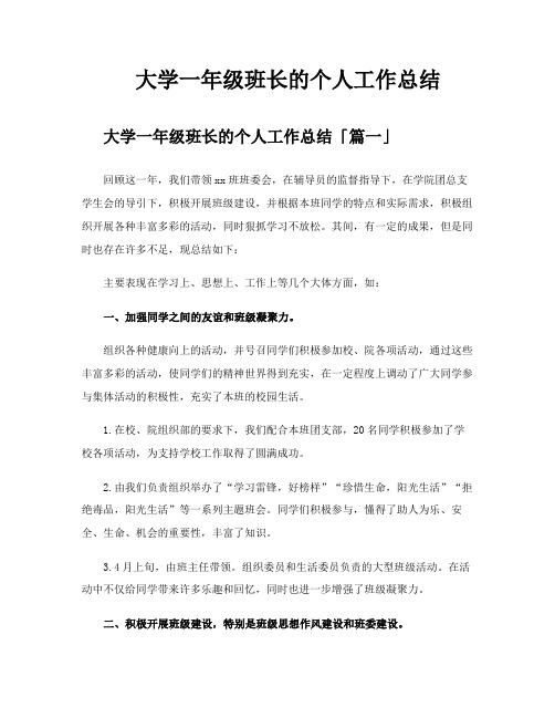 大学一年级班长的个人工作总结