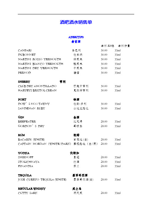 西餐厅酒吧饮品单案例