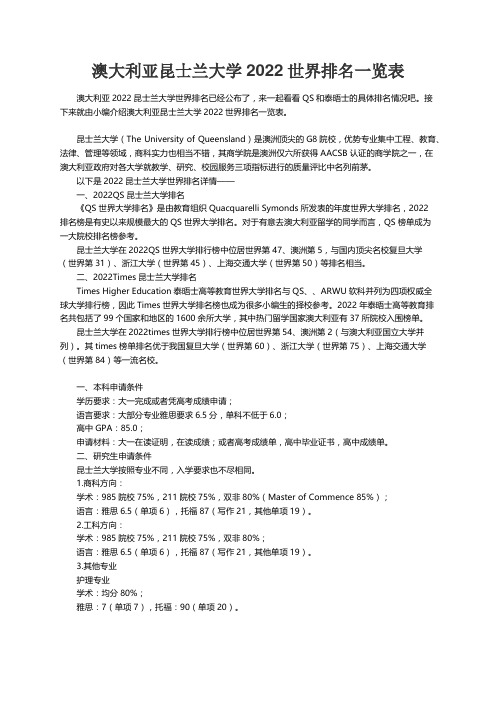 澳大利亚昆士兰大学2022世界排名一览表