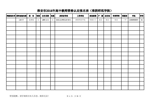 淮安市2016年教师资格认定报名表样表(淮阴师范学院)