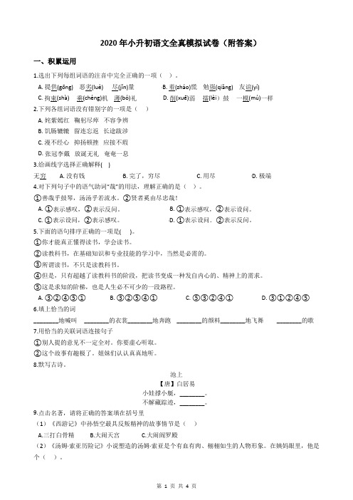 2020年小升初语文全真模拟试卷(附答案)