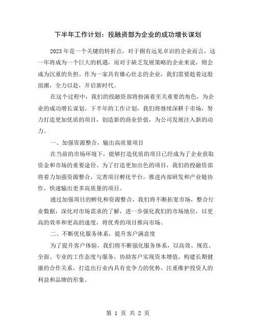 下半年工作计划：投融资部为企业的成功增长谋划