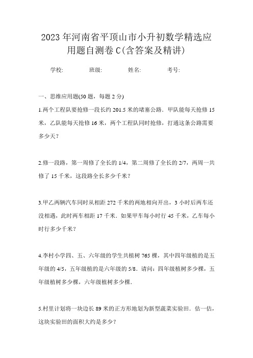 2023年河南省平顶山市小升初数学精选应用题自测卷C(含答案及精讲)