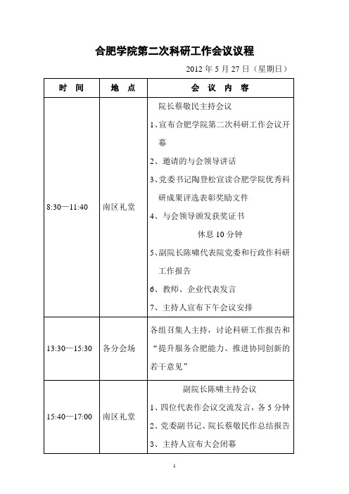 合肥学院第二次科研工作会议议程