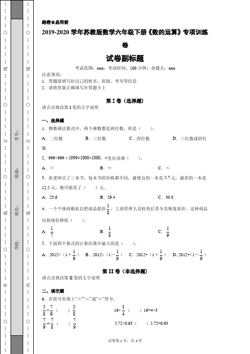 2019-2020学年苏教版数学六年级下册《数的运算》专项训练卷