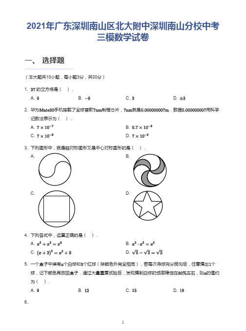 2021年广东省深圳市南山区北大附中深圳南山分校中考三模数学试卷