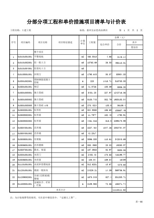 分部分项工程和单价措施项目清单与计价表(含分部小计)