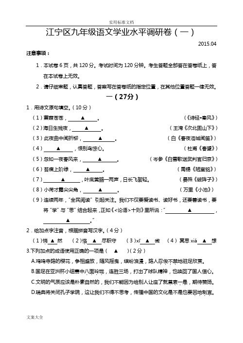 2015年南京市江宁区中学考试一模语文试卷及问题详解