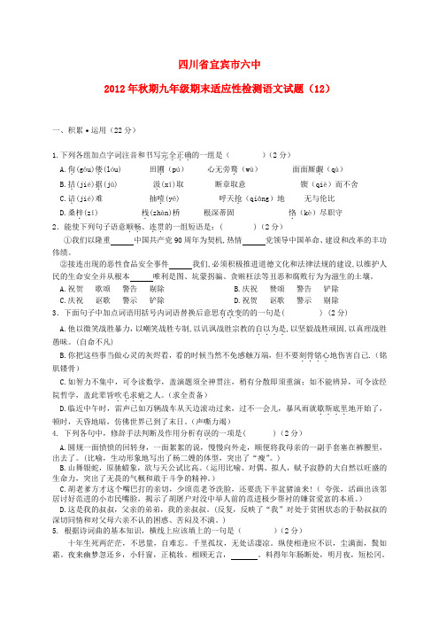 四川省宜宾市秋期九年级语文期末适应性检测试题(12) 新人教版