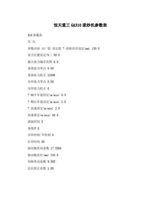 恒天重工GA310浆纱机参数表