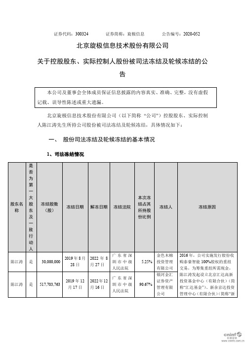 旋极信息：关于控股股东、实际控制人股份被司法冻结及轮候冻结的公告