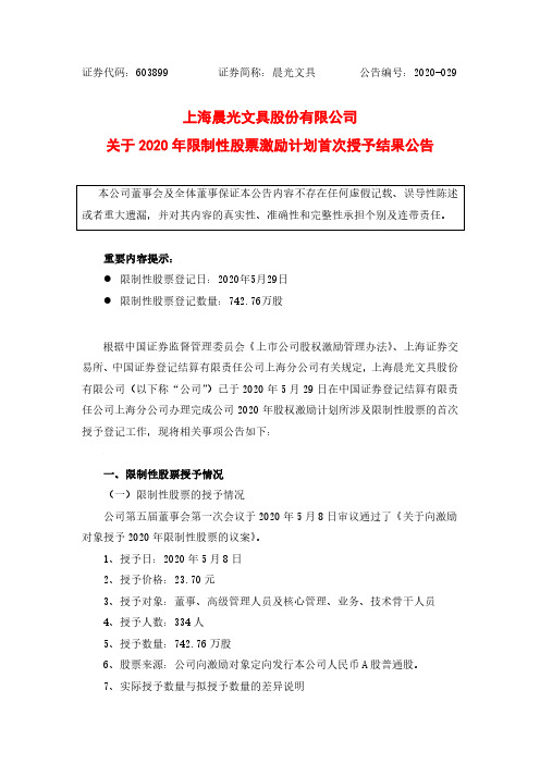 晨光文具：关于2020年限制性股票激励计划首次授予结果公告