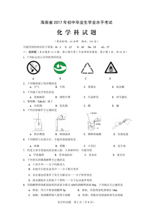 2017海南省中考化学试卷