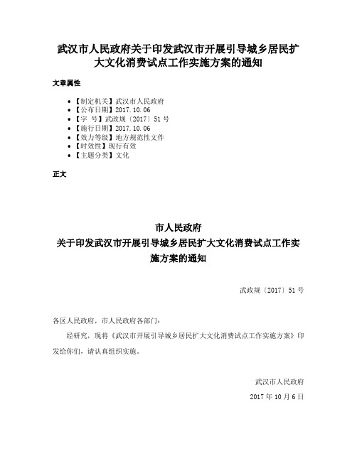 武汉市人民政府关于印发武汉市开展引导城乡居民扩大文化消费试点工作实施方案的通知