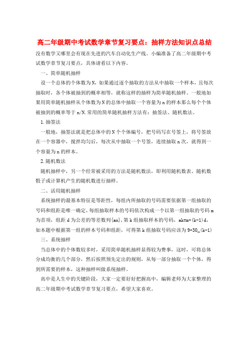 高二年级期中考试数学章节复习要点：抽样方法知识点总结  