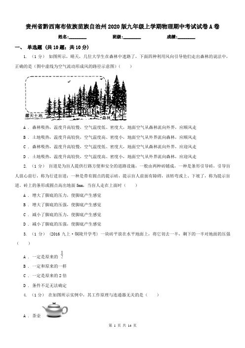 贵州省黔西南布依族苗族自治州2020版九年级上学期物理期中考试试卷A卷