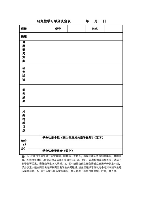 研究性学习学分认定表         年   月   日