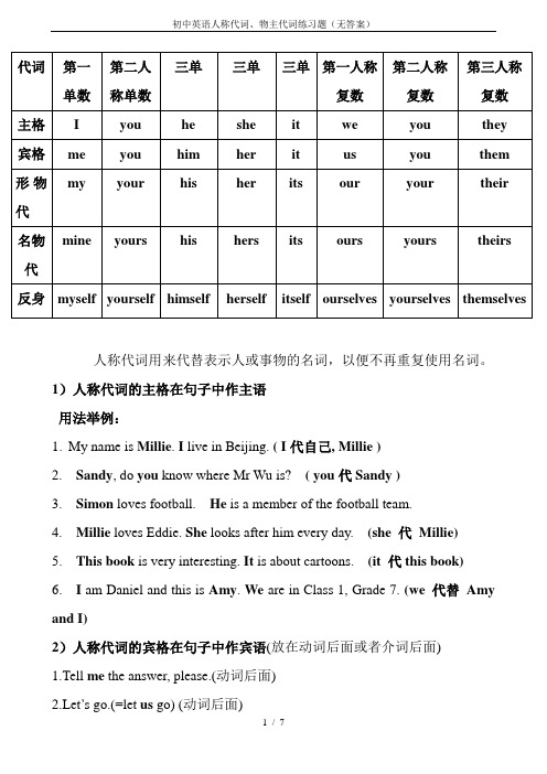 初中英语人称代词、物主代词练习题(无答案)