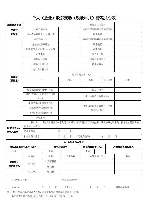 个人(企业)股东变动(税款申报)情况报告表