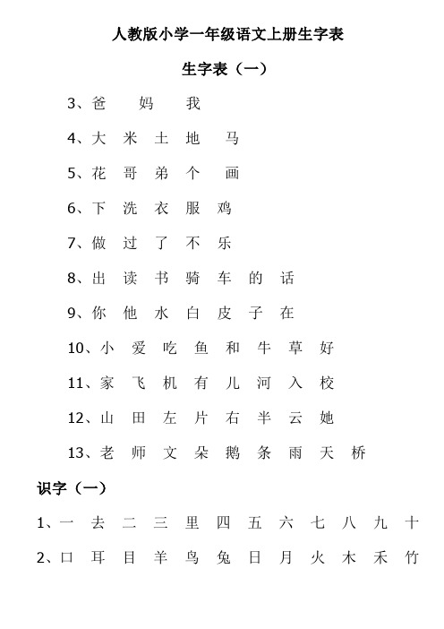 人教版小学一年级语文上册生字表