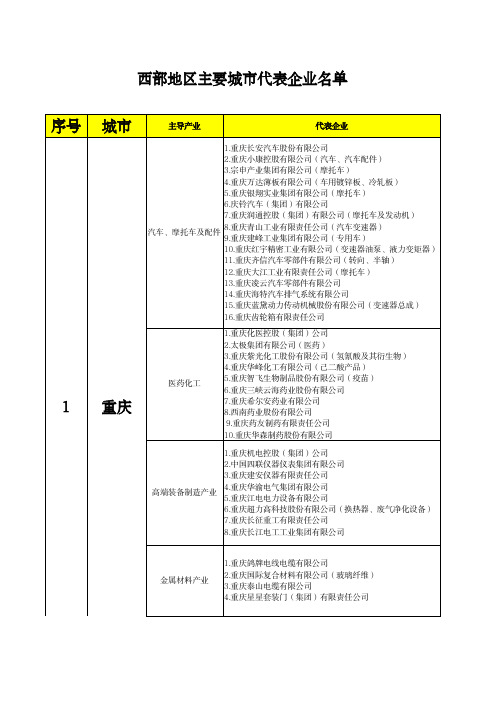 西部地区主要城市代表企业名单