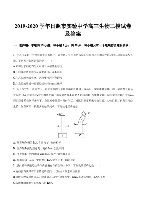 2019-2020学年日照市实验中学高三生物二模试卷及答案