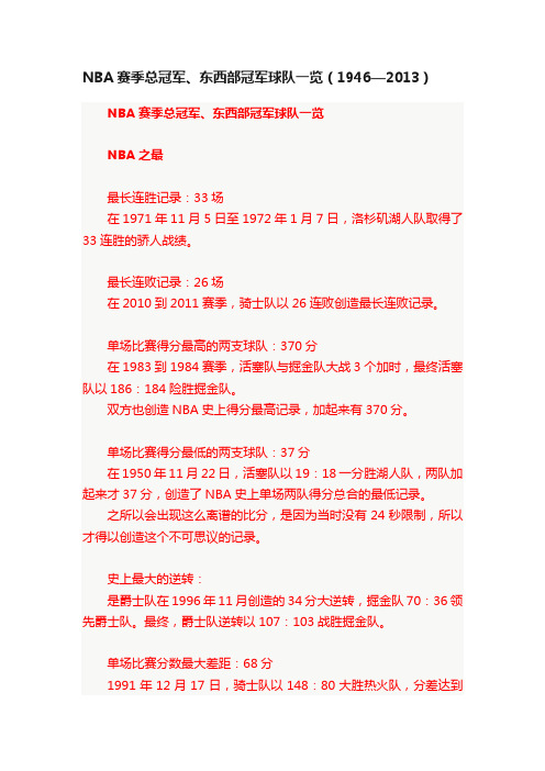 NBA赛季总冠军、东西部冠军球队一览（1946—2013）