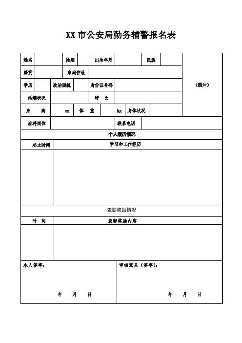 XX市公安局勤务辅警报名表【模板】