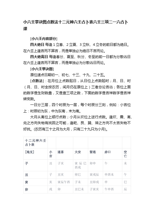 小六壬掌诀图点数法十二元神六壬占卜表六壬三项二一六占卜课