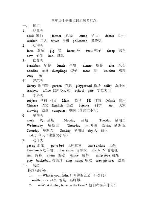 陕旅版英语四年级上册重点词汇句型汇总