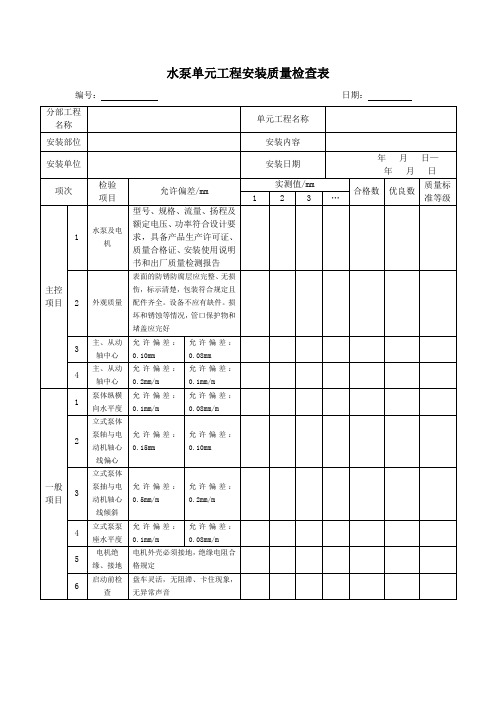 水泵单元工程安装质量检查表