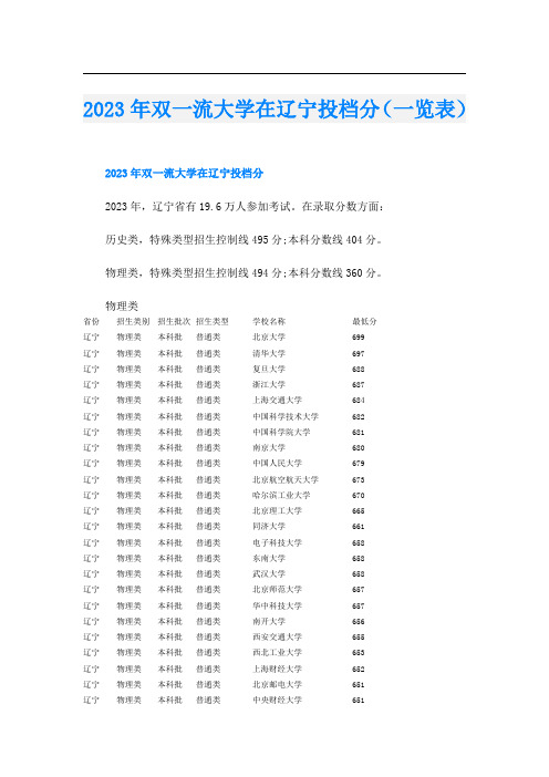 2023年双一流大学在辽宁投档分(一览表)